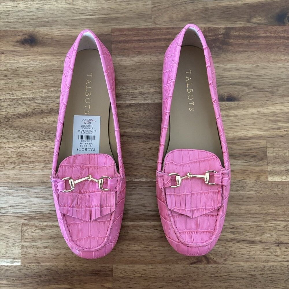 Talbots Womens Pink Leather Horsebit Loafers Flats Size 6.5 Preppy Old Money NEW
